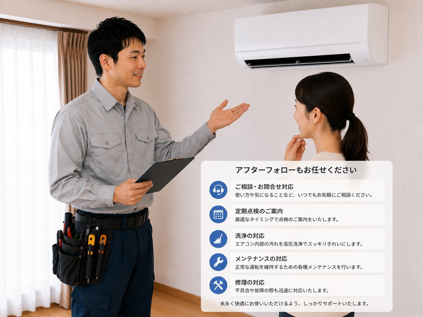 アフターフォローもお任せください - ご相談・定期点検・洗浄・メンテナンス・修理