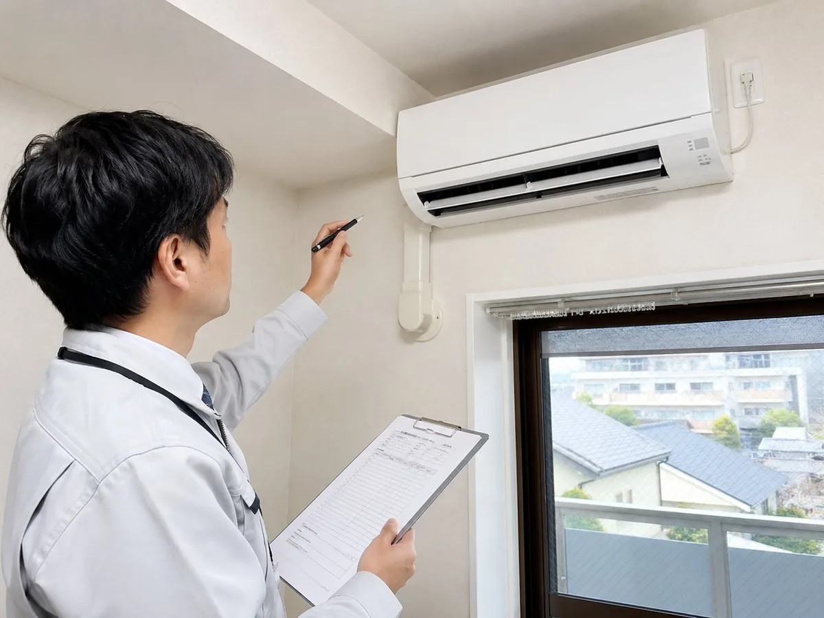 現地でエアコンを点検する調査スタッフ